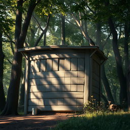 A rustic wooden fort surrounded by trees, with diffused lighting creating a warm and inviting atmosphere