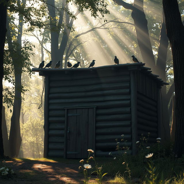 A rustic wooden fort surrounded by trees, with diffused lighting creating a warm and inviting atmosphere