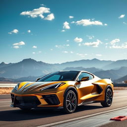 A captivating fusion of the Corvette C8 and the Lamborghini Lanzador, resulting in a striking 4-door crossover utility vehicle (CUV) that showcases a bold and aggressive design in a luxurious matte gold finish