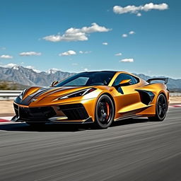 A captivating fusion of the Corvette C8 and the Lamborghini Lanzador, resulting in a striking 4-door crossover utility vehicle (CUV) that showcases a bold and aggressive design in a luxurious matte gold finish