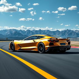 A captivating fusion of the Corvette C8 and the Lamborghini Lanzador, resulting in a striking 4-door crossover utility vehicle (CUV) that showcases a bold and aggressive design in a luxurious matte gold finish