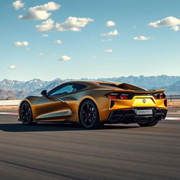 A captivating fusion of the Corvette C8 and the Lamborghini Lanzador, resulting in a striking 4-door crossover utility vehicle (CUV) that showcases a bold and aggressive design in a luxurious matte gold finish