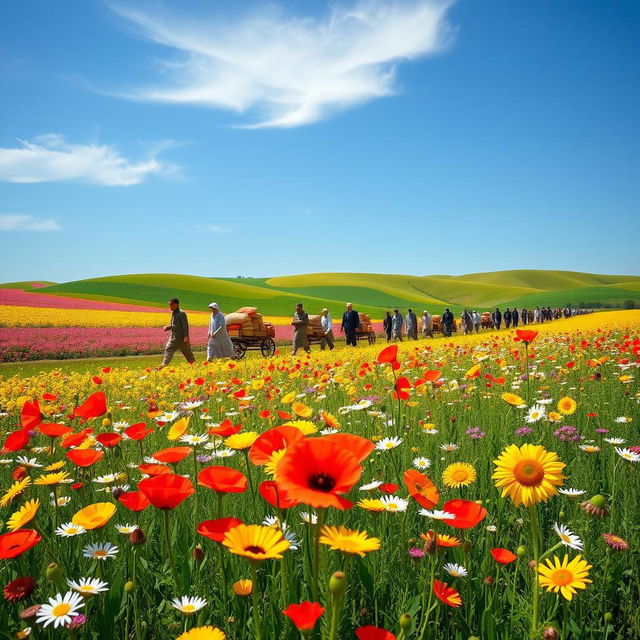 A picturesque scene of a peasant caravan marching through vibrant flowery fields