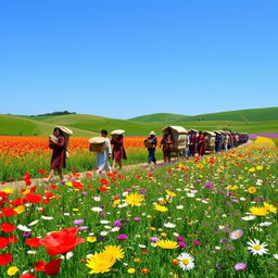 A picturesque scene of a peasant caravan marching through vibrant flowery fields