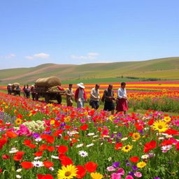 A picturesque scene of a peasant caravan marching through vibrant flowery fields