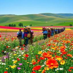 A picturesque scene of a peasant caravan marching through vibrant flowery fields