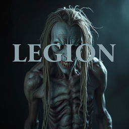 A realistic depiction of a terrifying, emaciated man with long, disheveled hair, extremely pale skin resembling that of a leper, and striking white lizard-like eyes