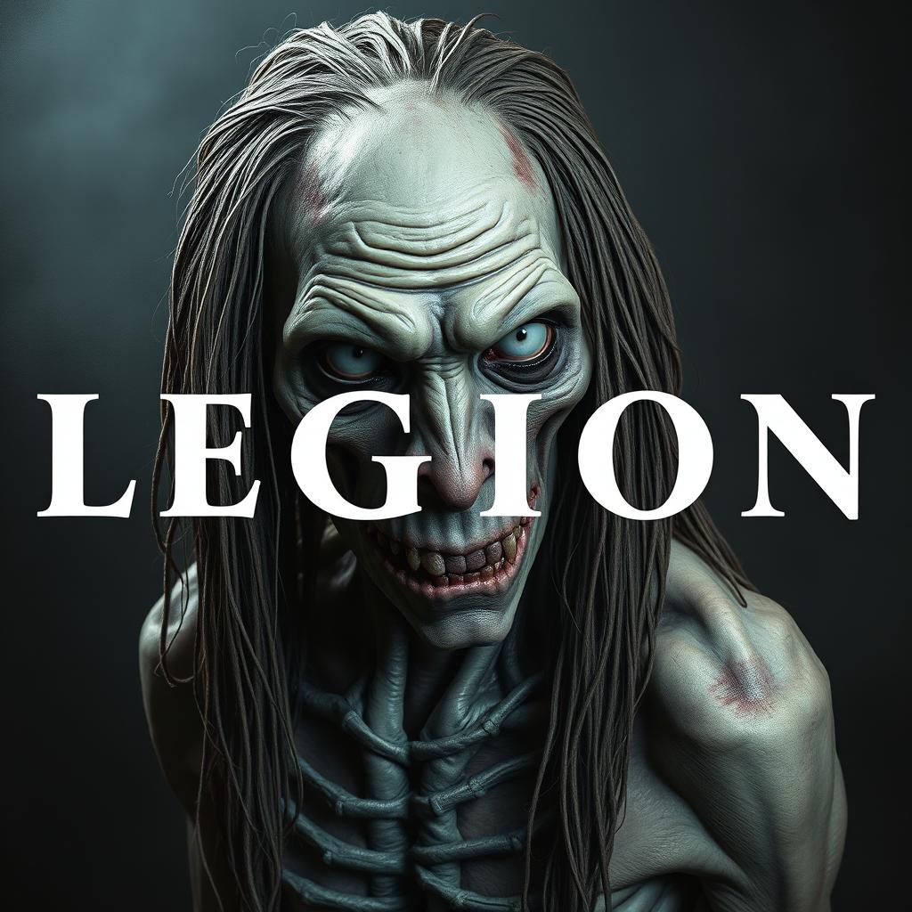 A realistic depiction of a terrifying, emaciated man with long, disheveled hair, extremely pale skin resembling that of a leper, and striking white lizard-like eyes