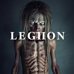 A realistic depiction of a terrifying, emaciated man with long, disheveled hair, extremely pale skin resembling that of a leper, and striking white lizard-like eyes