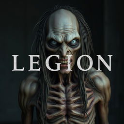 A realistic depiction of a terrifying, emaciated man with long, disheveled hair, extremely pale skin resembling that of a leper, and striking white lizard-like eyes