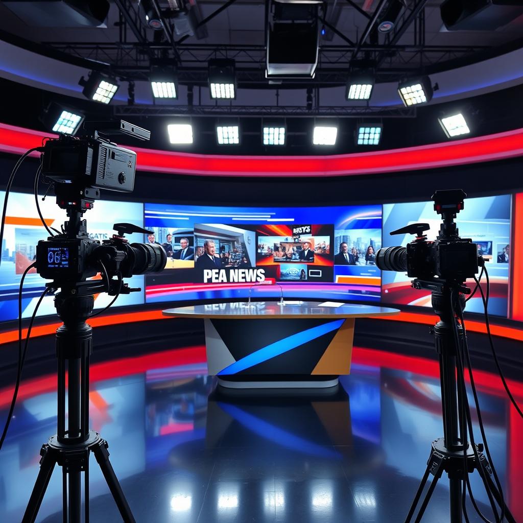 A television studio setup featuring two professional cameras positioned strategically to capture news segments