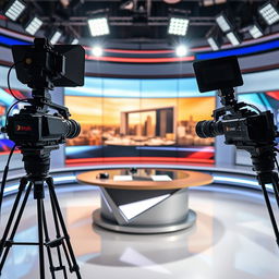 A television studio setup featuring two professional cameras positioned strategically to capture news segments