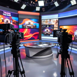 A television studio setup featuring two professional cameras positioned strategically to capture news segments