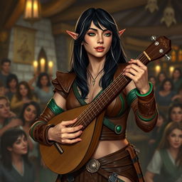 A young but mature-looking half-elf bard with long black hair streaked with white, soft green eyes, and a gentle smile