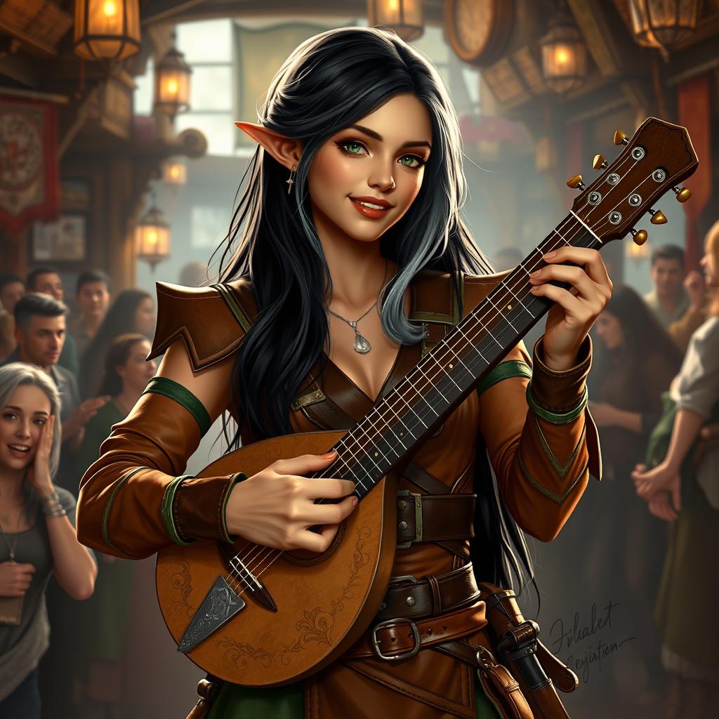 A young but mature-looking half-elf bard with long black hair streaked with white, soft green eyes, and a gentle smile