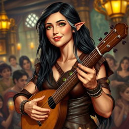 A young but mature-looking half-elf bard with long black hair streaked with white, soft green eyes, and a gentle smile