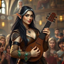 A young but mature-looking half-elf bard with long black hair streaked with white, soft green eyes, and a gentle smile