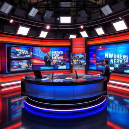 A television studio setup featuring a central news desk designed for informative segments