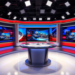 A television studio setup featuring a central news desk designed for informative segments