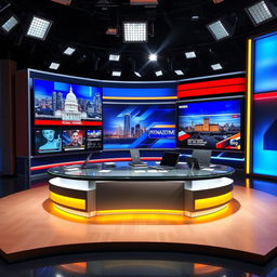 A television studio setup featuring a central news desk designed for informative segments