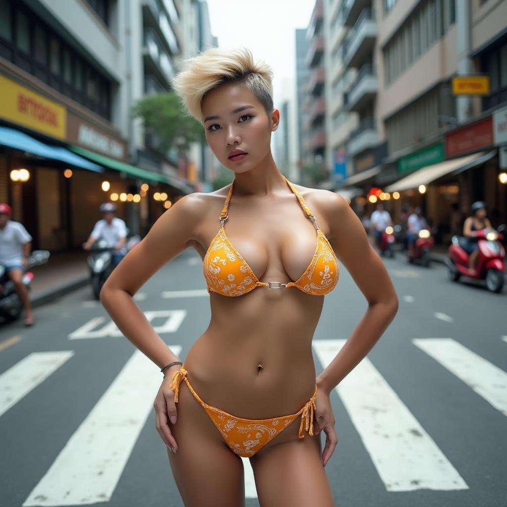 A beautiful 18-year-old Japanese woman with striking blonde Quiff Pixie hairstyle, showcasing her curves and big breasts while wearing a stylish bikini adorned with a Bitcoin logo