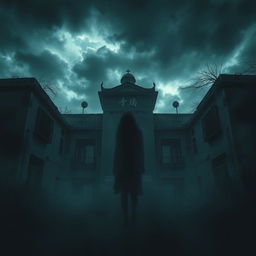 A dark and eerie cover depicting a mental hospital in Korea, surrounded by an unsettling atmosphere