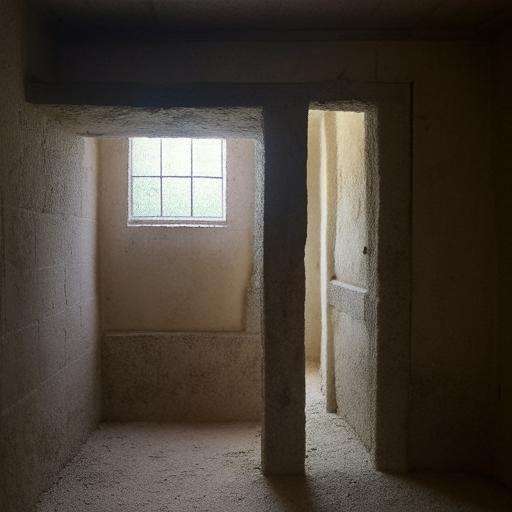 A room with two doors, one on the north wall's right side and the other on the west wall's right side. Two windows, a three-compartment window on the south wall's middle and a 4-compartment window on the east wall's middle. Contains a single bed.