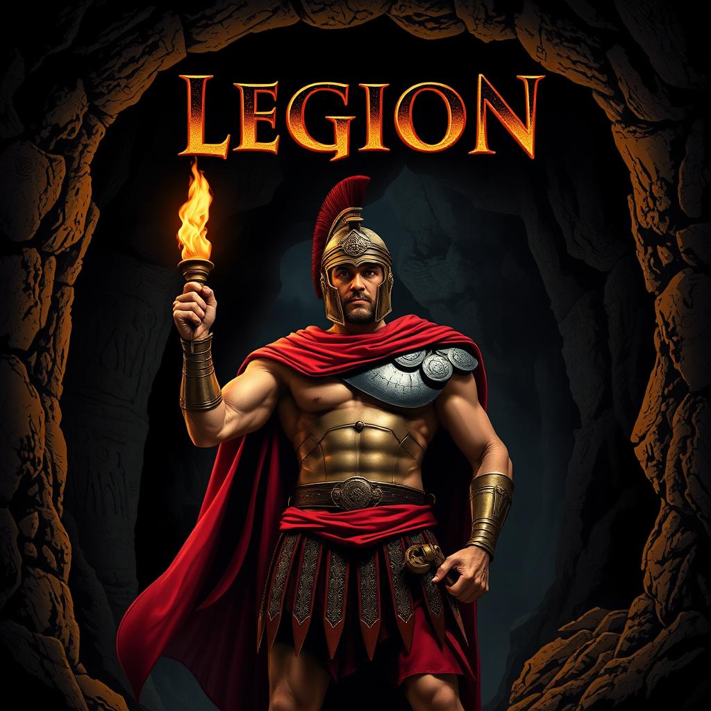 A heroic Roman soldier stands confidently inside a dark cave, holding a flickering torch that casts dramatic shadows on the stone walls, emphasizing his muscular physique and intricate armor