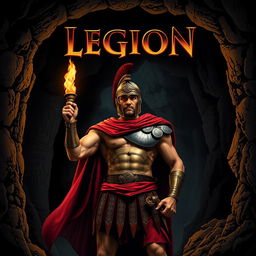 A heroic Roman soldier stands confidently inside a dark cave, holding a flickering torch that casts dramatic shadows on the stone walls, emphasizing his muscular physique and intricate armor