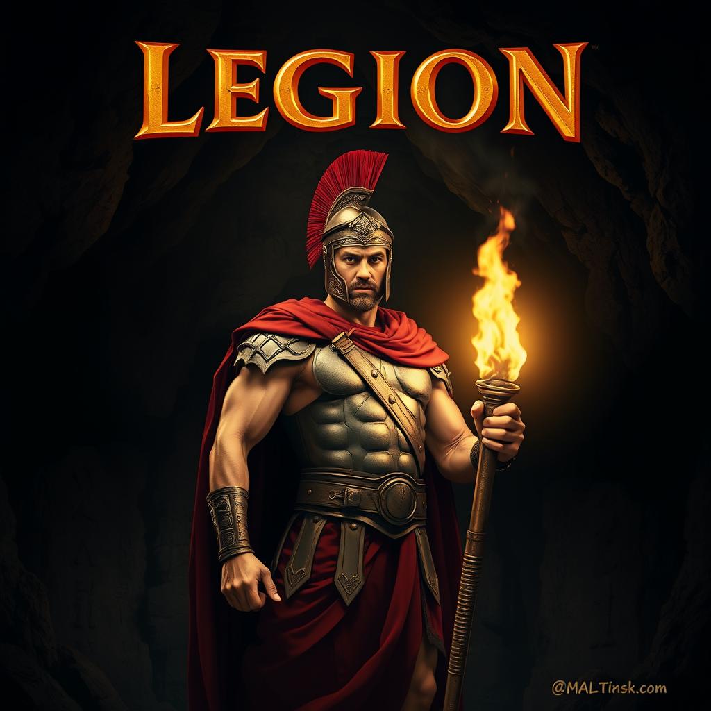 A heroic Roman soldier stands confidently inside a dark cave, holding a flickering torch that casts dramatic shadows on the stone walls, emphasizing his muscular physique and intricate armor