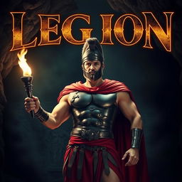 A heroic Roman soldier stands confidently inside a dark cave, holding a flickering torch that casts dramatic shadows on the stone walls, emphasizing his muscular physique and intricate armor