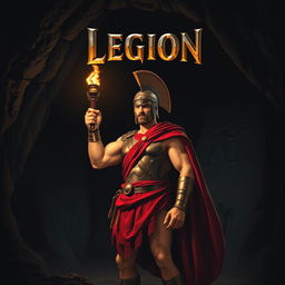 A heroic Roman soldier stands confidently inside a dark cave, holding a flickering torch that casts dramatic shadows on the stone walls, emphasizing his muscular physique and intricate armor