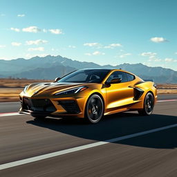 A remarkable fusion of the Corvette C8 and Genesis GV60, showcasing a striking 4-door crossover utility vehicle (CUV) designed with a blend of sporty and elegant features, finished in a captivating matte gold