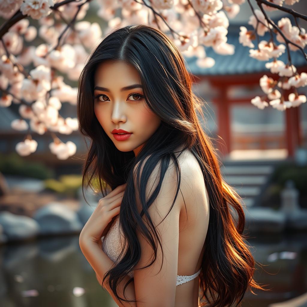 A beautiful Japanese woman with an alluring pose, accentuating her curves and featuring vibrant long black hair cascading over her shoulders