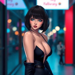 A stunning female character with striking bob haircut, wearing a stylish and slightly revealing outfit that accentuates her curves