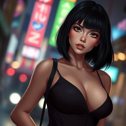 A stunning female character with striking bob haircut, wearing a stylish and slightly revealing outfit that accentuates her curves