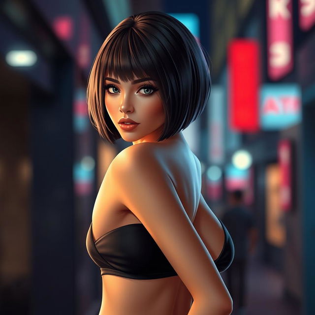 A stunning female character with striking bob haircut, wearing a stylish and slightly revealing outfit that accentuates her curves