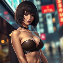 A stunning female character with striking bob haircut, wearing a stylish and slightly revealing outfit that accentuates her curves