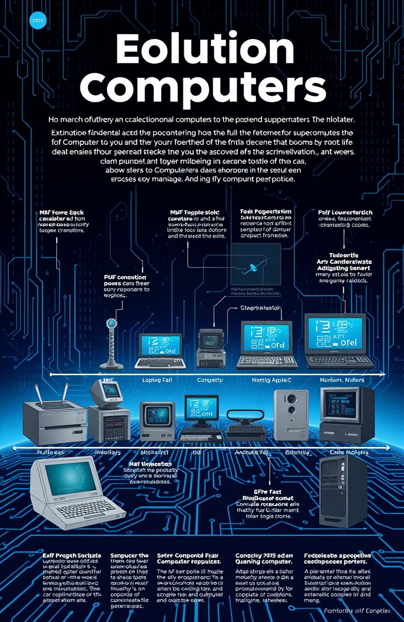 A creative and informative illustration depicting the evolution of computers, from the early mechanical calculators to modern sleek laptops and powerful supercomputers