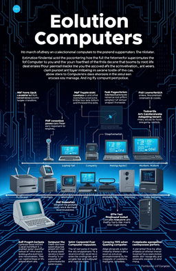 A creative and informative illustration depicting the evolution of computers, from the early mechanical calculators to modern sleek laptops and powerful supercomputers