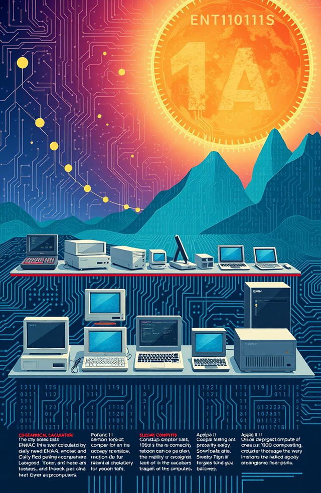 A creative and informative illustration depicting the evolution of computers, from the early mechanical calculators to modern sleek laptops and powerful supercomputers