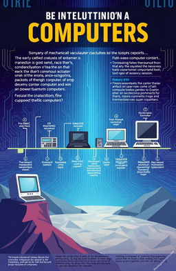 A creative and informative illustration depicting the evolution of computers, from the early mechanical calculators to modern sleek laptops and powerful supercomputers