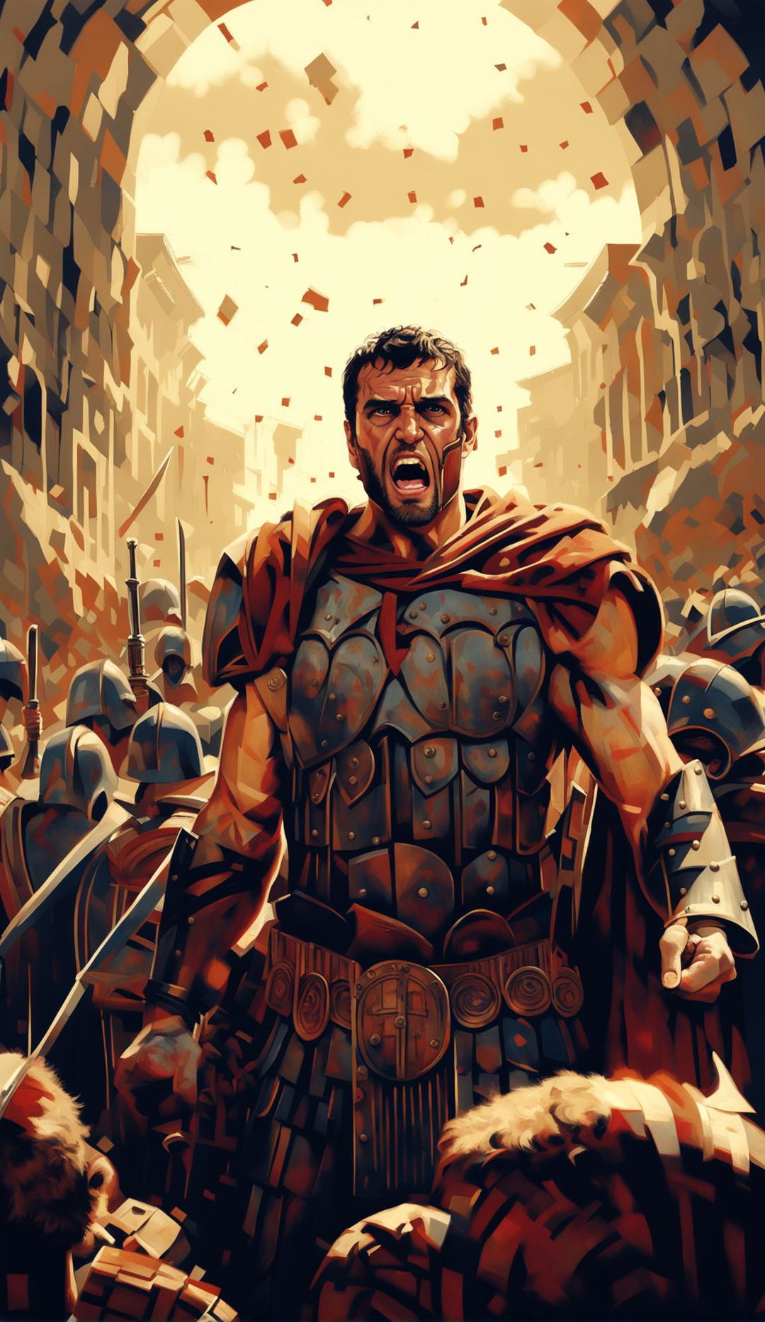 Maximus Decimus Meridius from 'Gladiator' stands in the center of a Roman Colosseum under harsh sunlight. He's in full gladiator attire with a gladius in one hand and the other raised high. His face shows anger, frustration, and defiance as he yells 'Are you not entertained?'. The background shows blurred arches and spectators of the Colosseum.