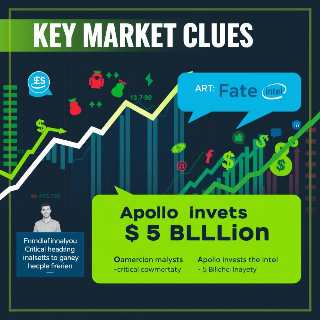 An informative and visually engaging graphic that highlights key market clues related to the Fed rate cuts and Apollo's investment in Intel