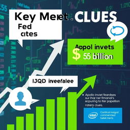 An informative and visually engaging graphic that highlights key market clues related to the Fed rate cuts and Apollo's investment in Intel