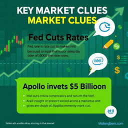 An informative and visually engaging graphic that highlights key market clues related to the Fed rate cuts and Apollo's investment in Intel