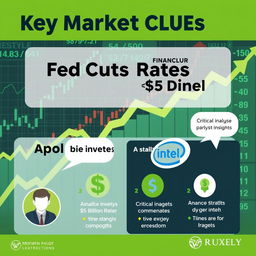 An informative and visually engaging graphic that highlights key market clues related to the Fed rate cuts and Apollo's investment in Intel