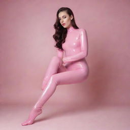 A stylish girl in a fitted pink catsuit and long latex socks, barefoot, tenderly caressing her feet, highlighting her beautiful foot care.