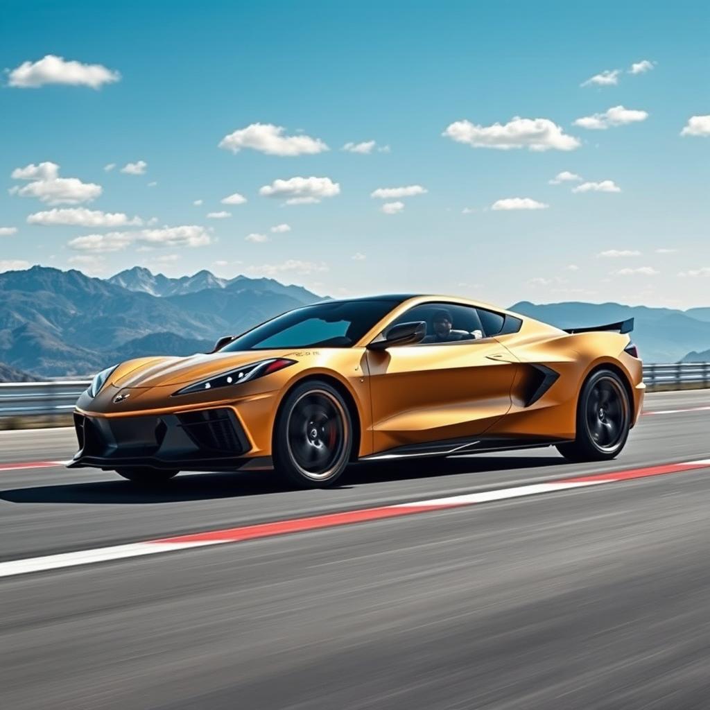 A striking fusion of the Corvette C8 and Genesis GV70, creating an impressive 4-door crossover utility vehicle (CUV) that merges sporty elegance with luxury, finished in an alluring matte gold