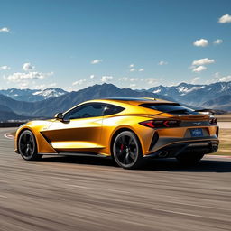 A striking fusion of the Corvette C8 and Genesis GV70, creating an impressive 4-door crossover utility vehicle (CUV) that merges sporty elegance with luxury, finished in an alluring matte gold